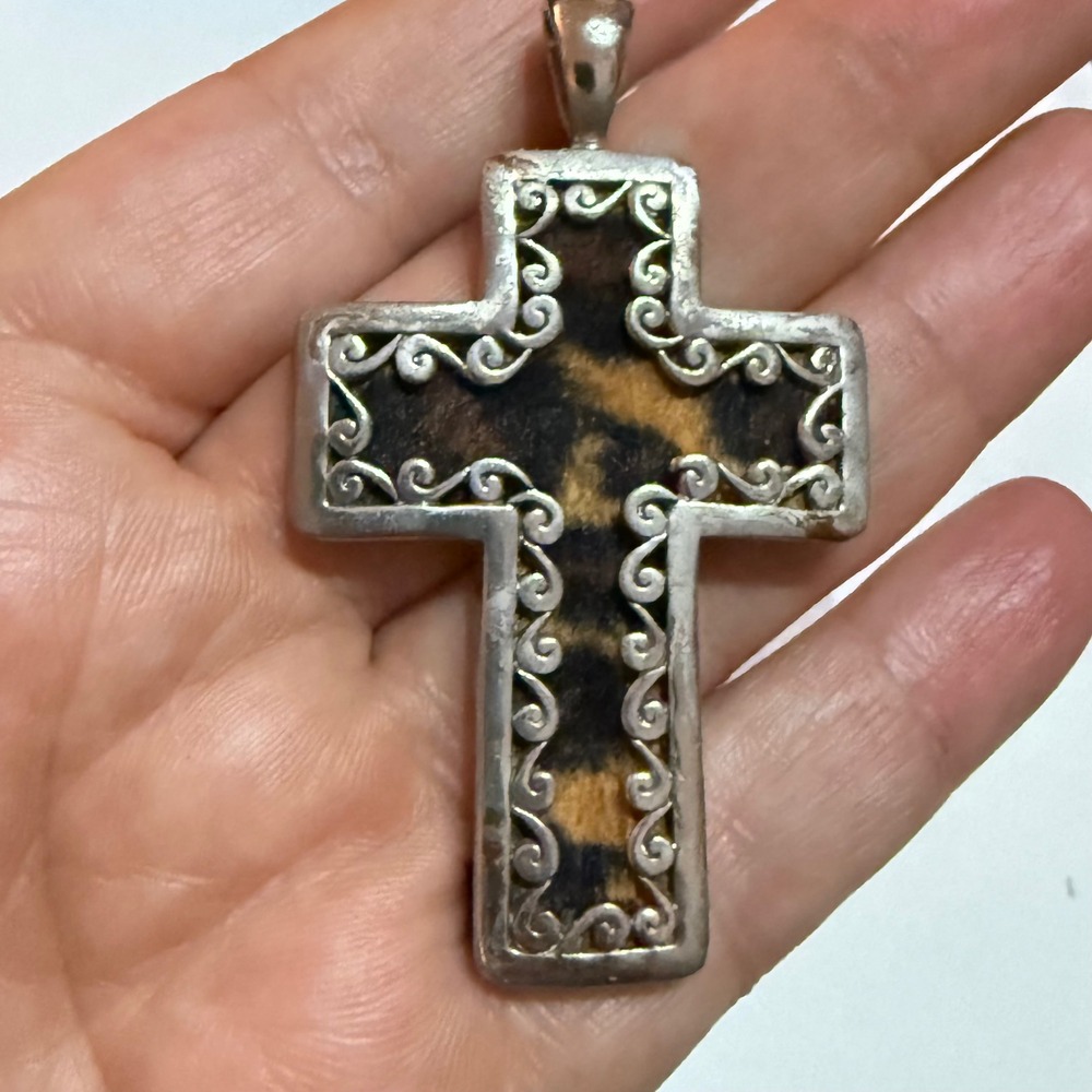 Vintage Leopard Fabric Cross Pendant Silver Religious Animal Print Christian MCM